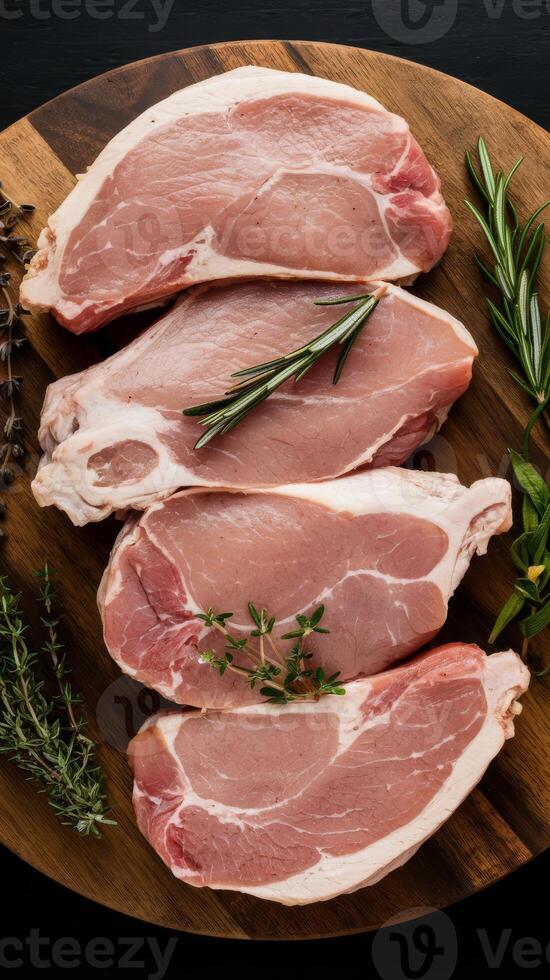 Raw pork chops on a wooden cutting board with herbs photo