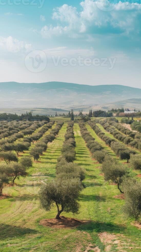 An olive grove with trees and hills in the background photo