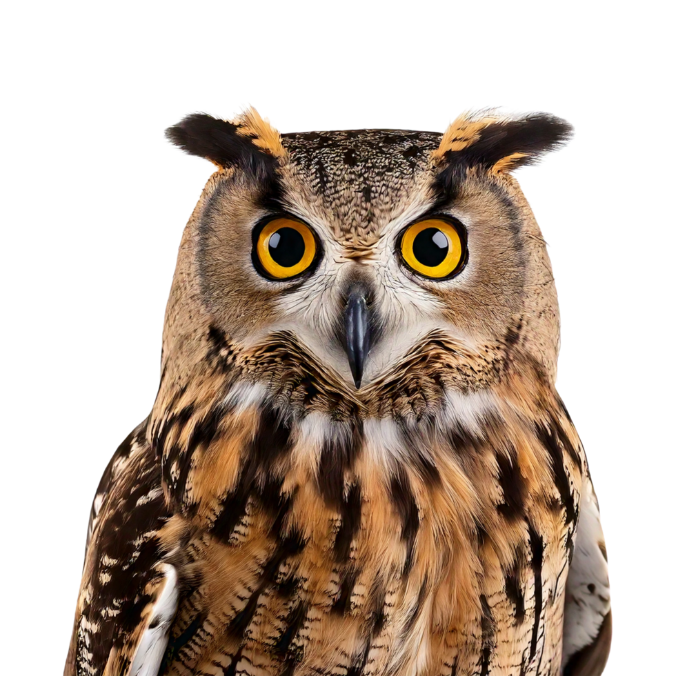An owl with yellow eyes is looking at the camera png
