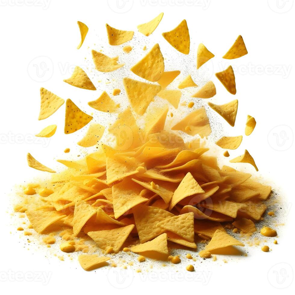 A pile of yellow chips on a white backgroun photo