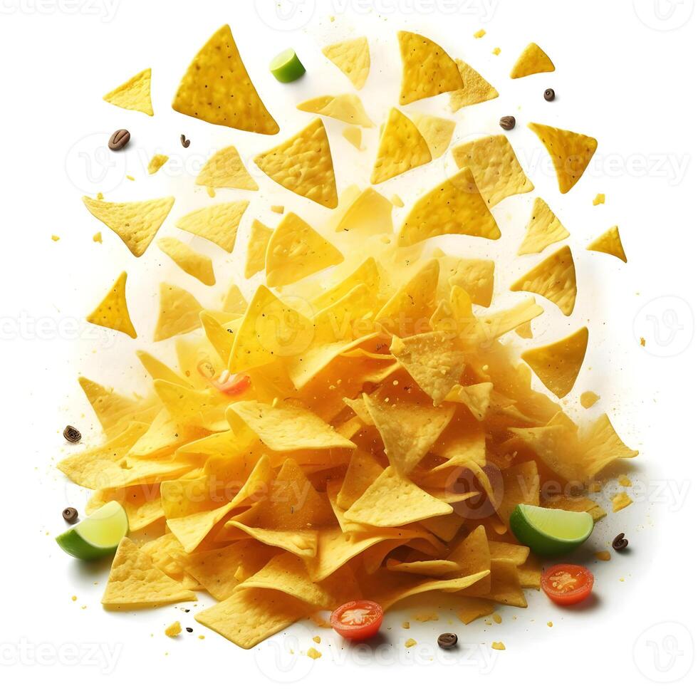 A pile of nachos with chips and lime slices photo