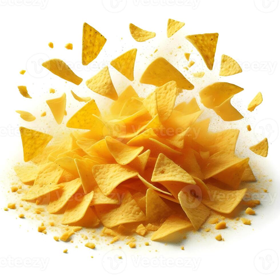 A pile of yellow chips on a white background photo