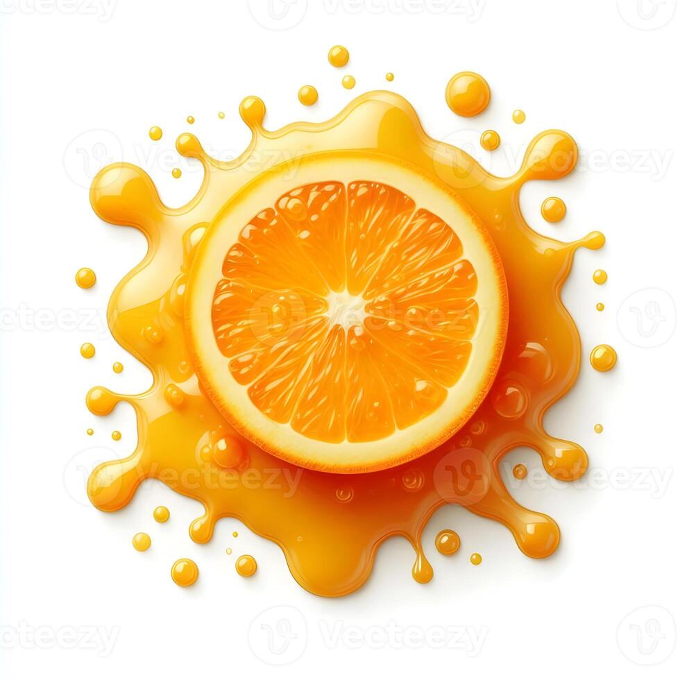 Orange juice splash with orange slices on white backgrou photo