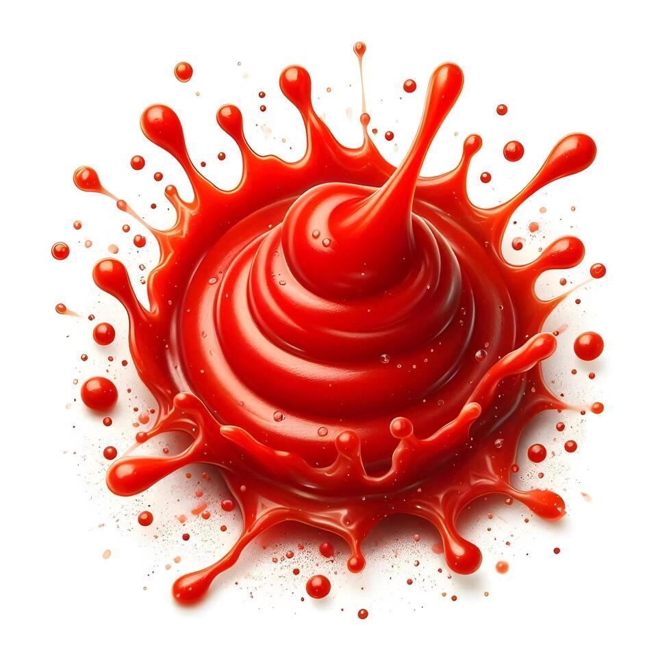 Red ketchup splashes isolated on white background, tomato puree texture photo