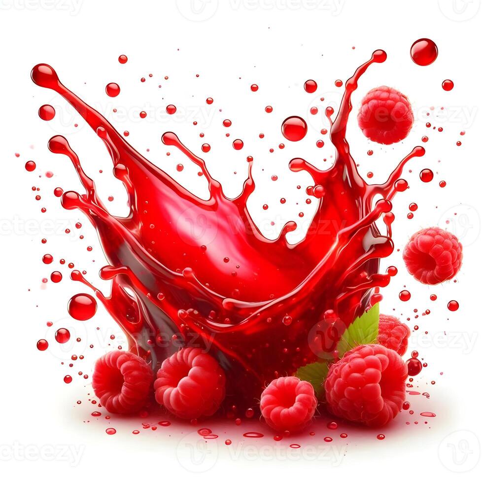 Red raspberry splash with splash of juice on white background photo