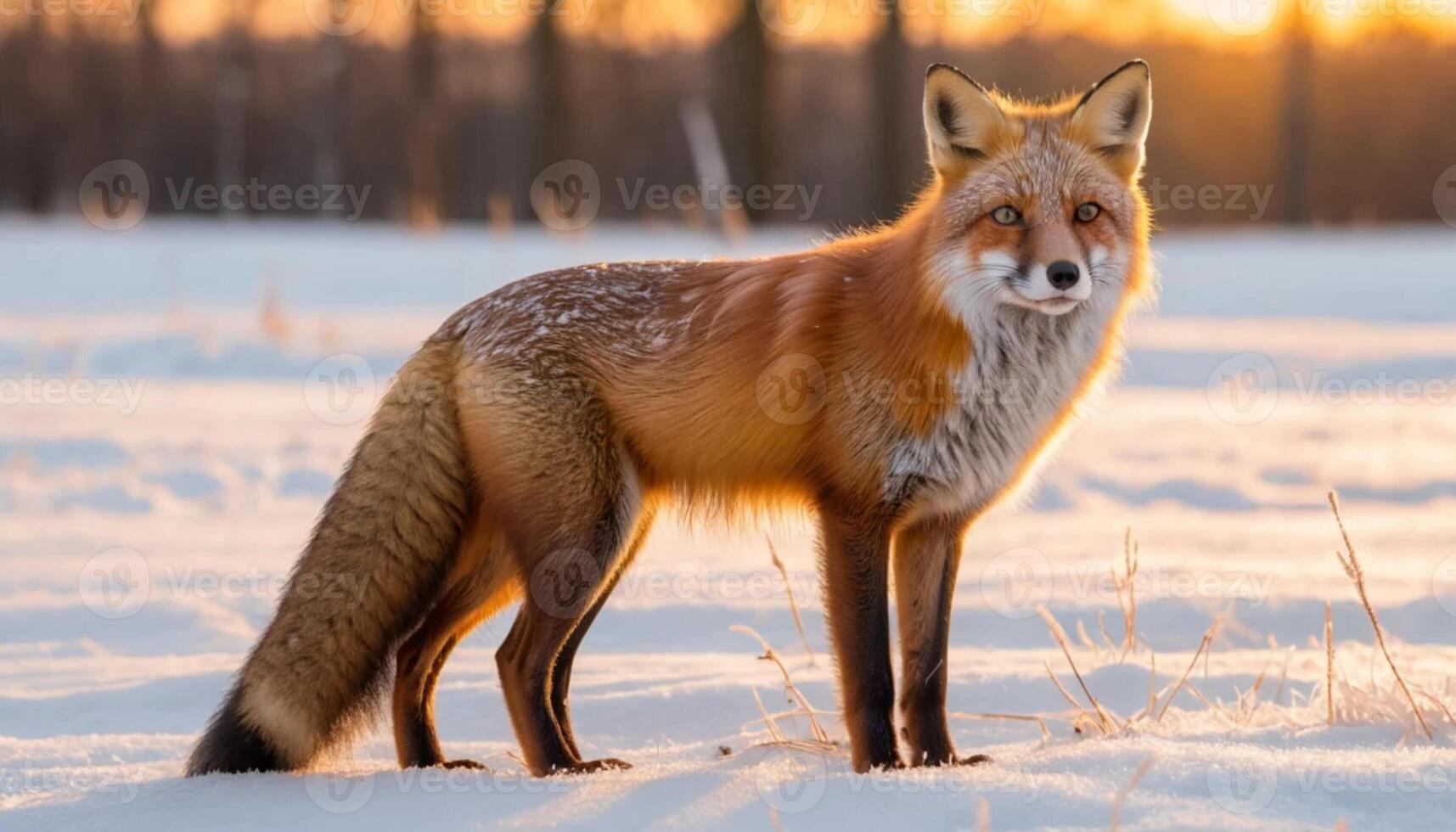 A red fox stands in the snow at sunset photo