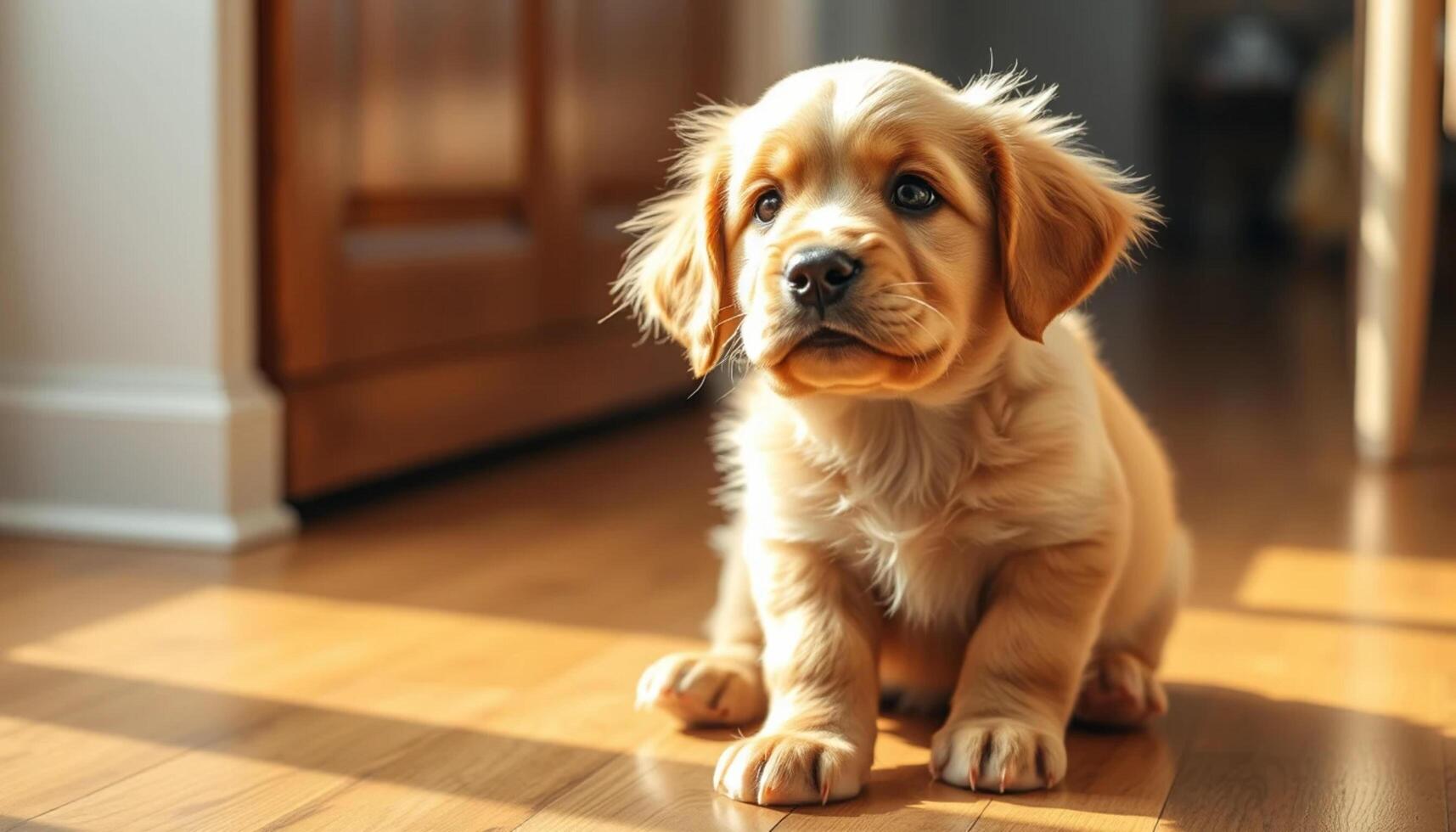 A small golden retriever puppy sitting on the floor photo
