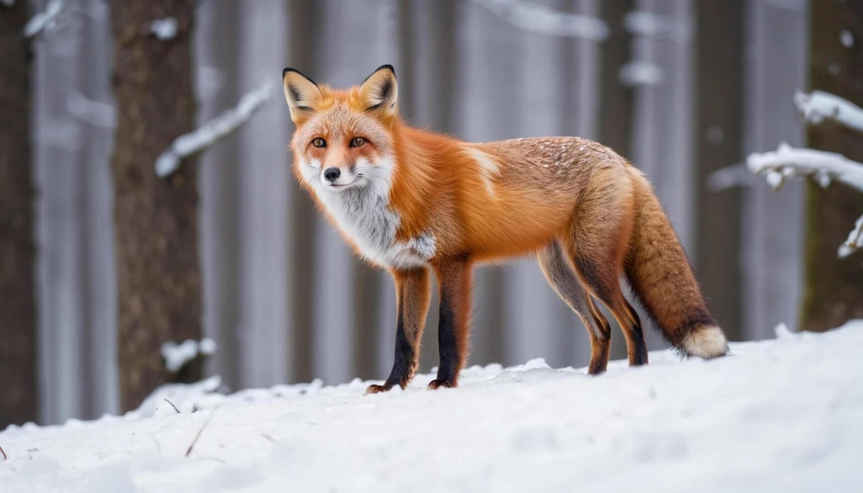 A red fox stands in the snow in the woods photo