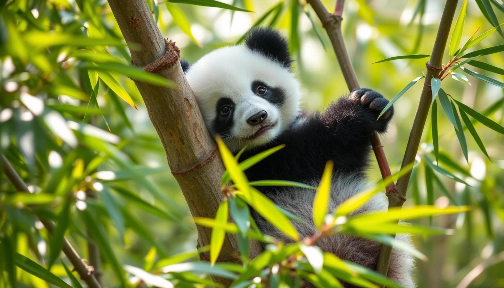 A panda bear is climbing up a tree photo