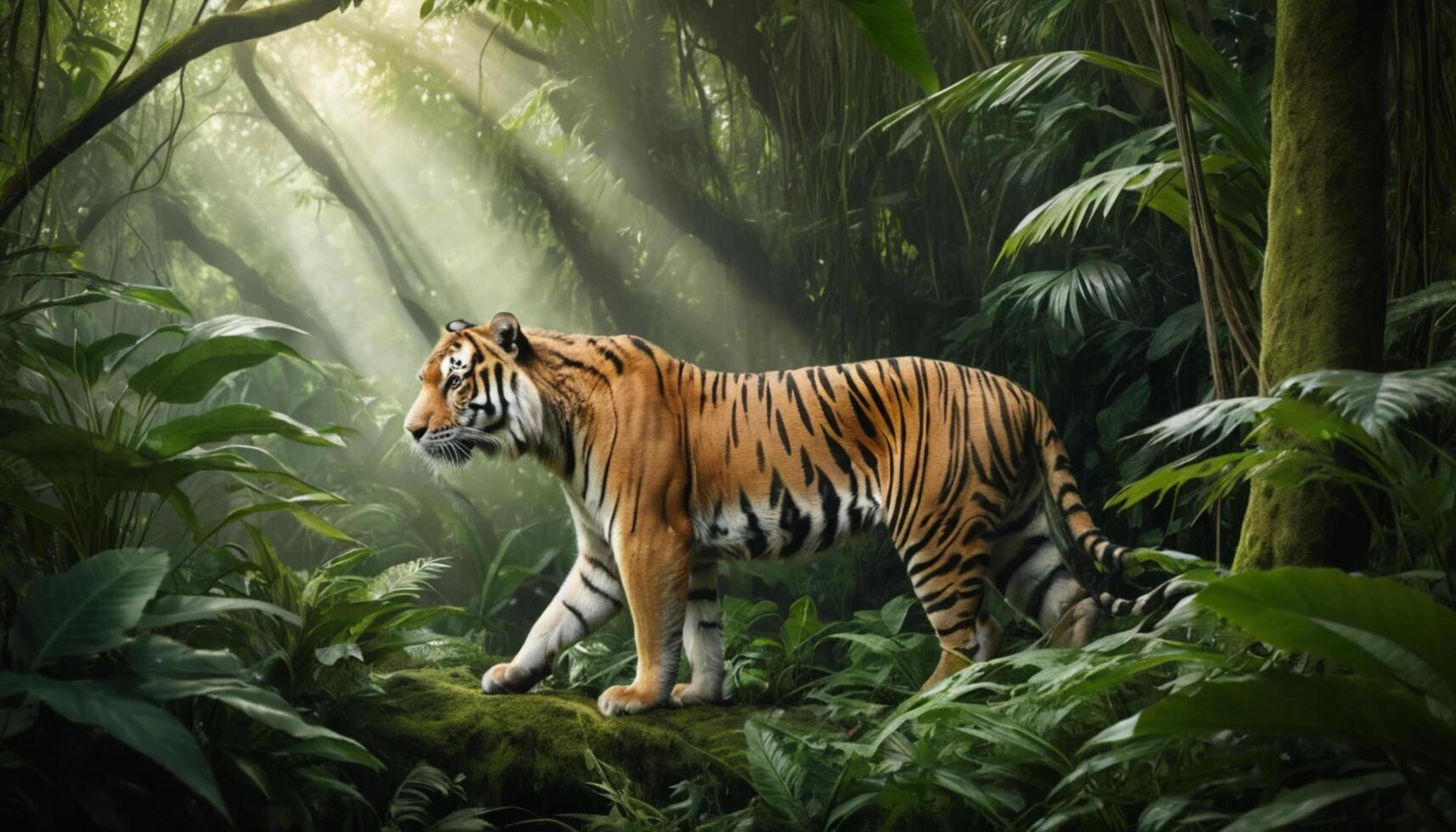 A tiger walking through the jungle in the morning photo