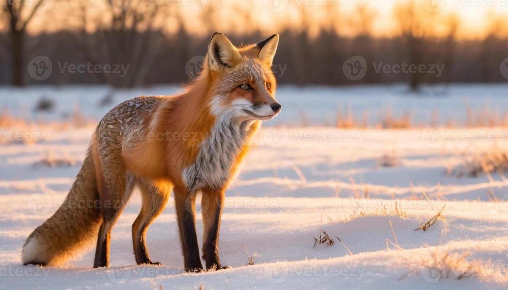 A red fox stands in the snow at sunset photo