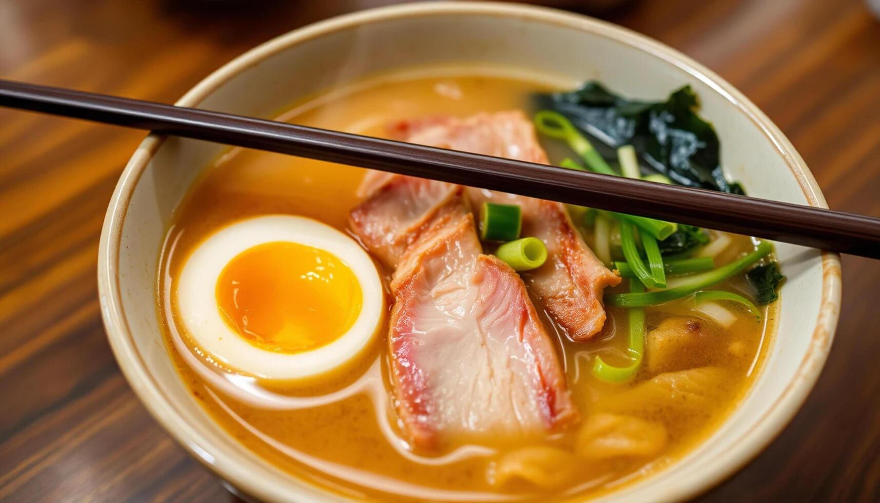 A bowl of ramen with meat and an egg photo