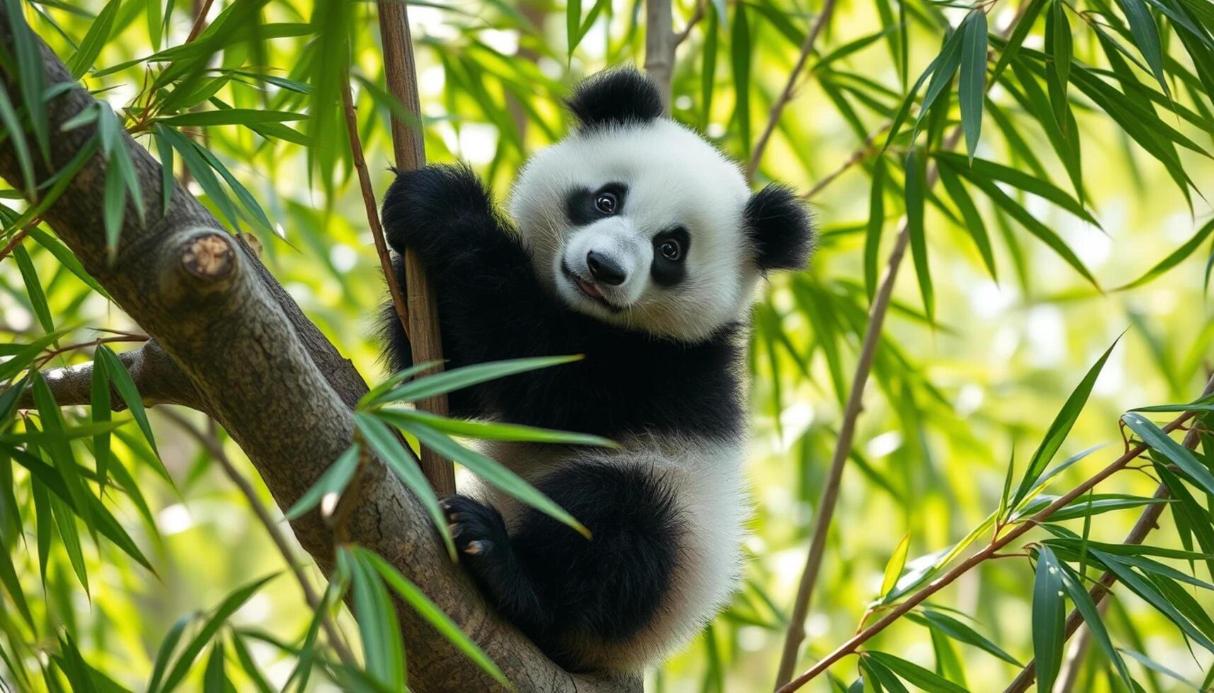 A panda bear is climbing up a tree branch photo