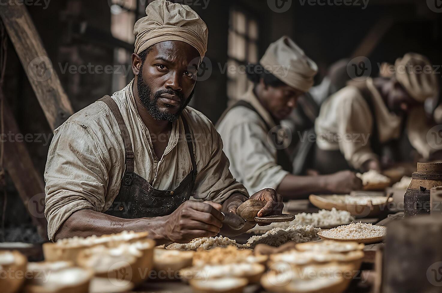 Historical Scene Depicting Workers Preparing Food in an Old Workshop photo