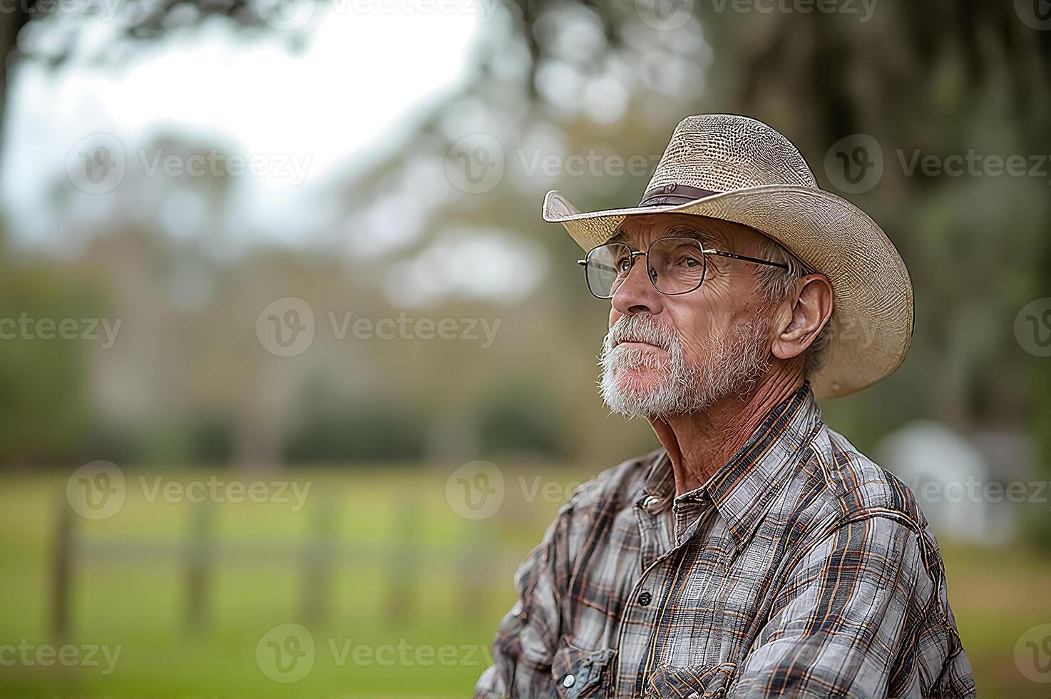 Thoughtful Elderly Man in Cowboy Hat Reflects on Life Outdoors photo