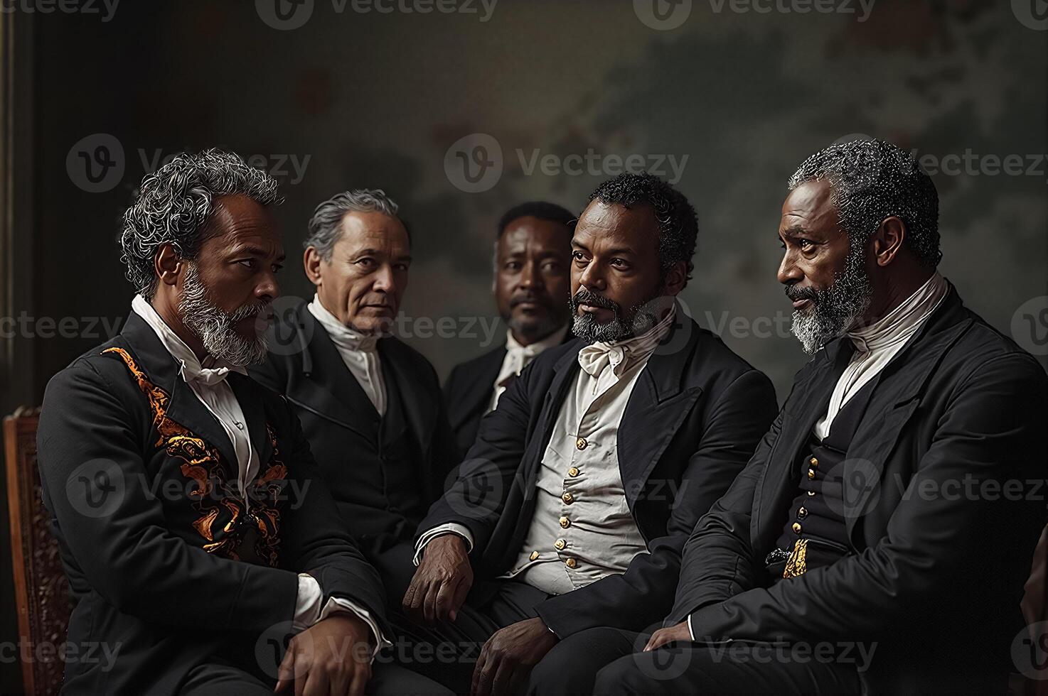 Historical Portrait of Five Distinguished Gentlemen in Dark Elegant Attire photo