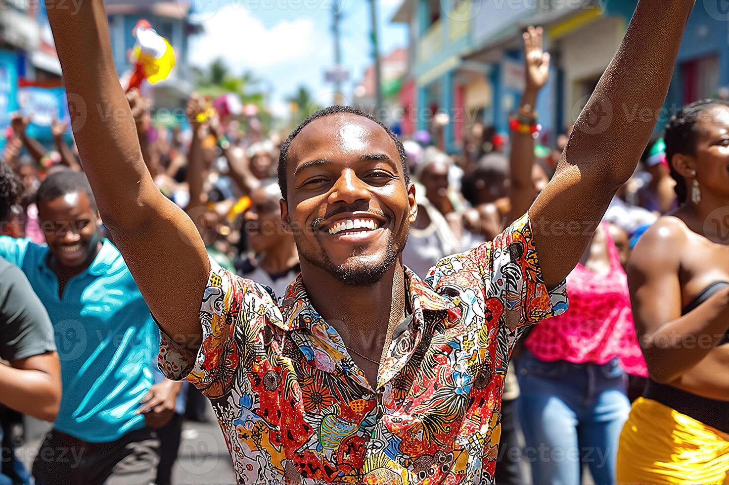 Joyful Celebration in a Colorful Street Scene Captured During a Thriving Festival photo