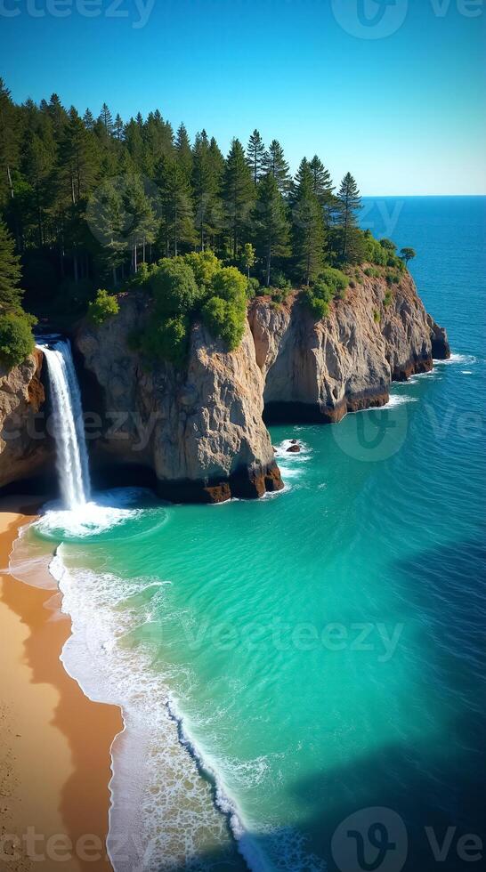 Stunning Nature Scene Phone Wallpaper Featuring Waterfall and Ocean View photo