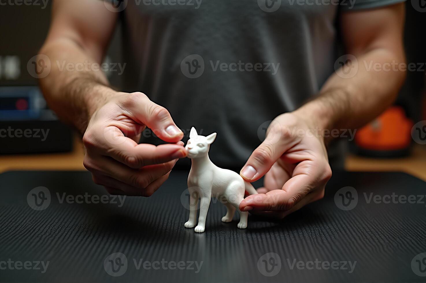 Man Holding 3D Printed Model of Dog Showcasing Intricate Details and Craftsmanship photo