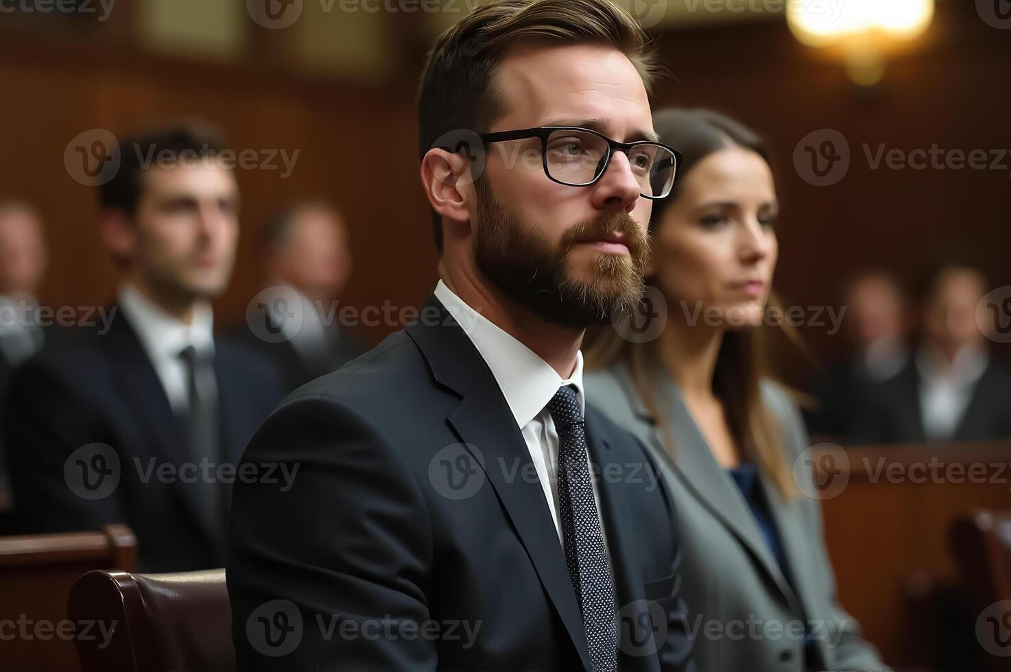 Serious Participants in a Lawsuit Sitting in Courtroom During Legal Proceedings photo