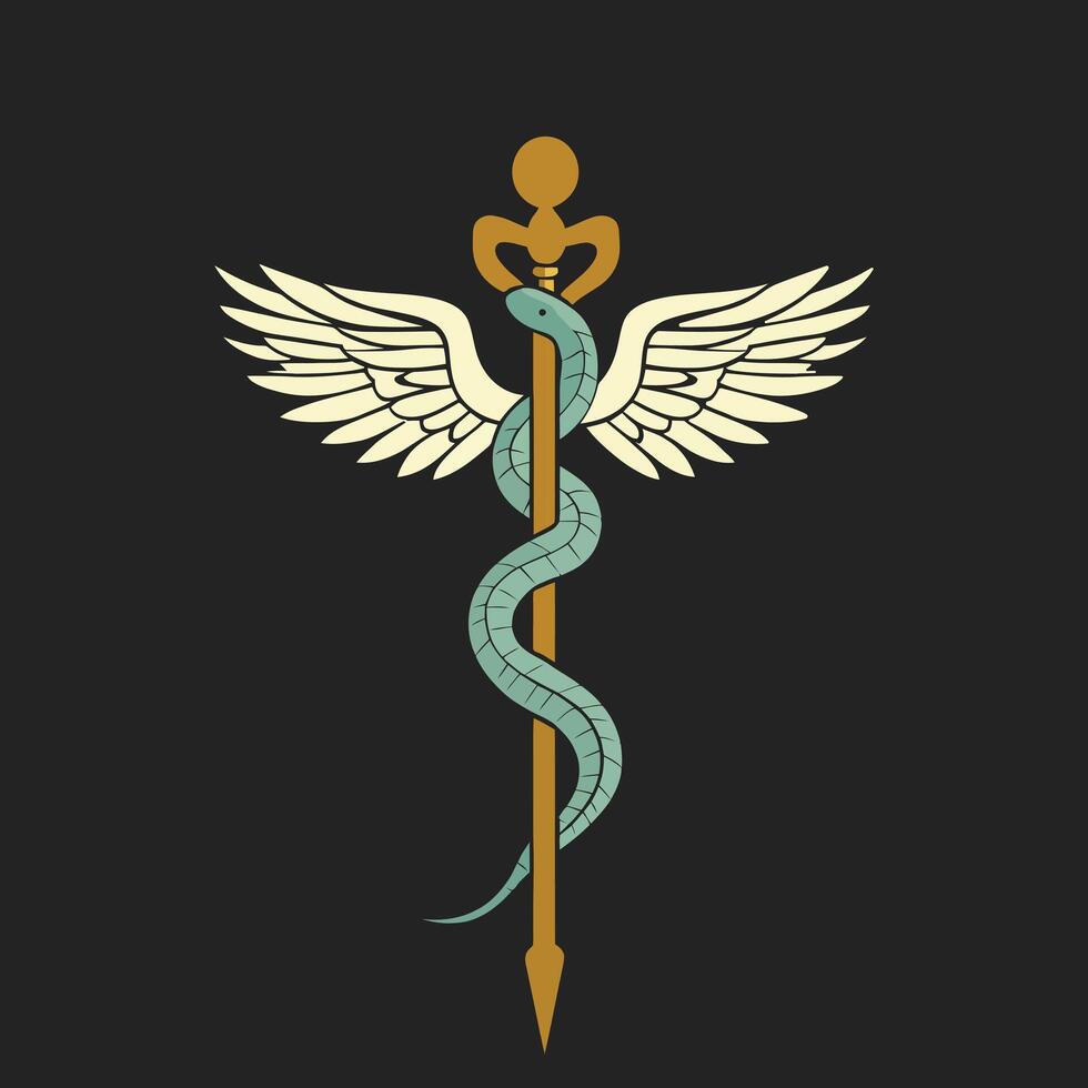 This stylized caduceus design features a snake wrapped around a staff, with large, elegant wings. vector