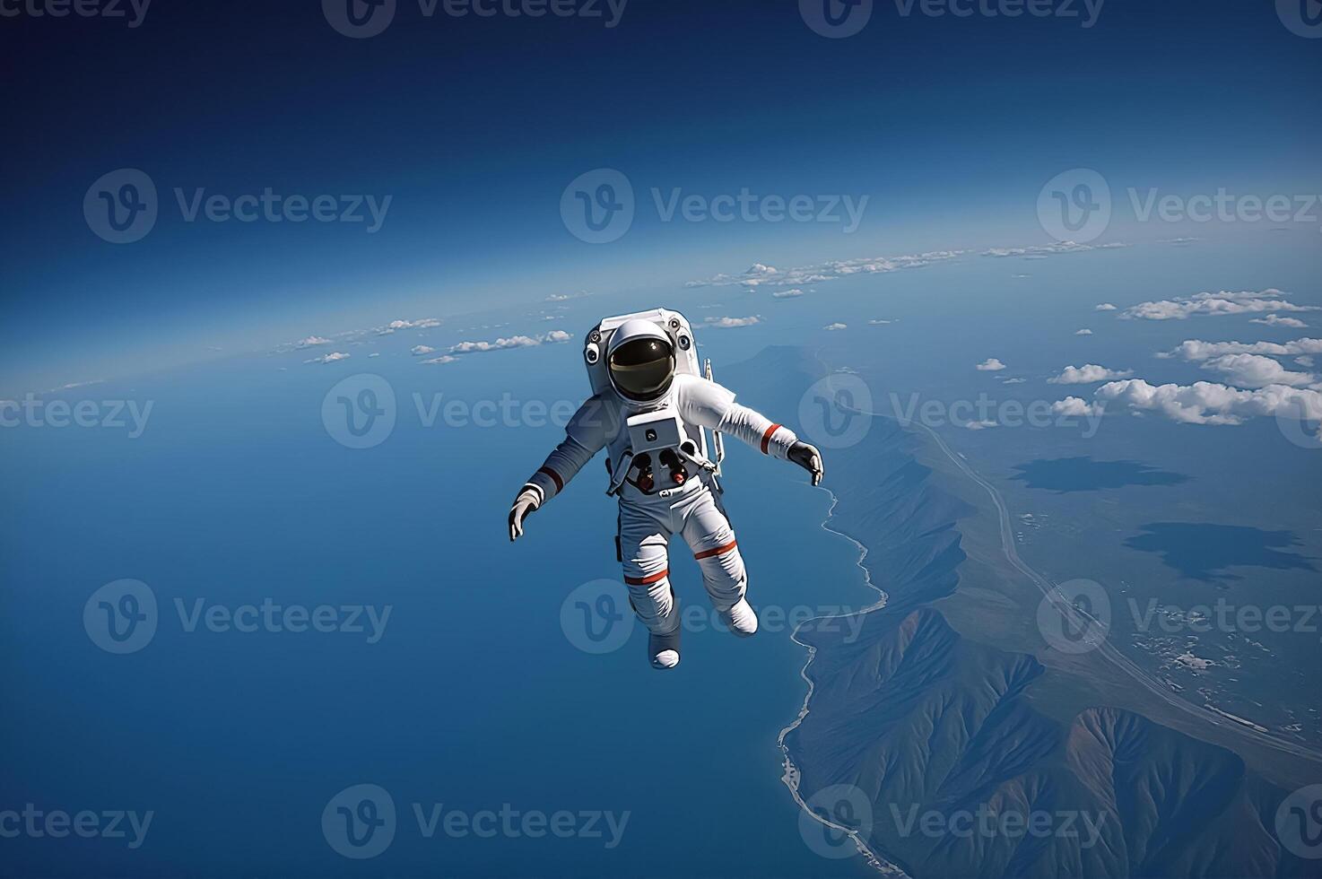 Astronaut Floating in Space Above Planet Earth with Stunning View of the Horizon photo
