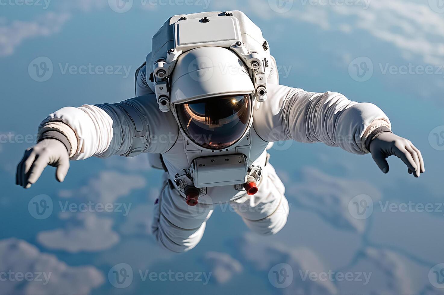 Inspiring Astronaut Floating in Space Against Beautiful Blue Planet Background photo