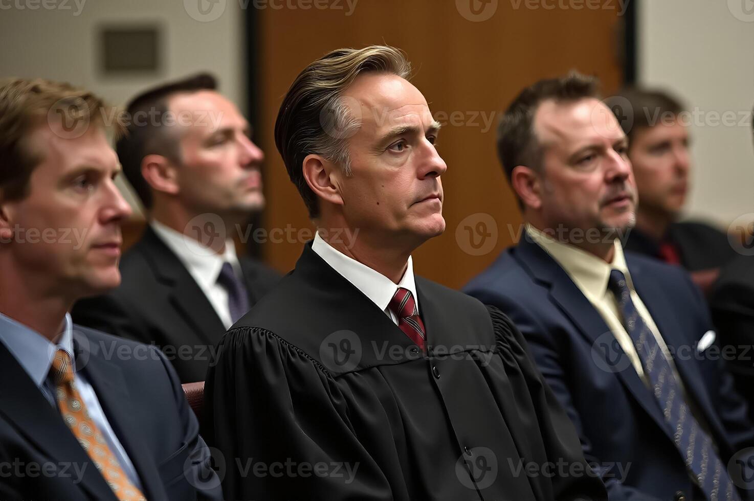 Serious Lawsuit Proceedings in the Courtroom with a Focused Judge and Attendees photo