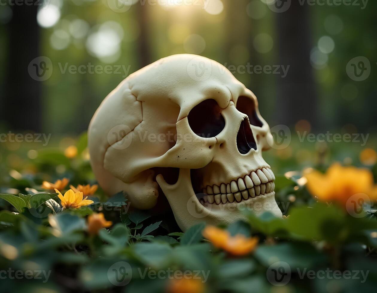 Dia de Muertos Celebration with Skull Among Colorful Flowers in Nature's Embrace photo
