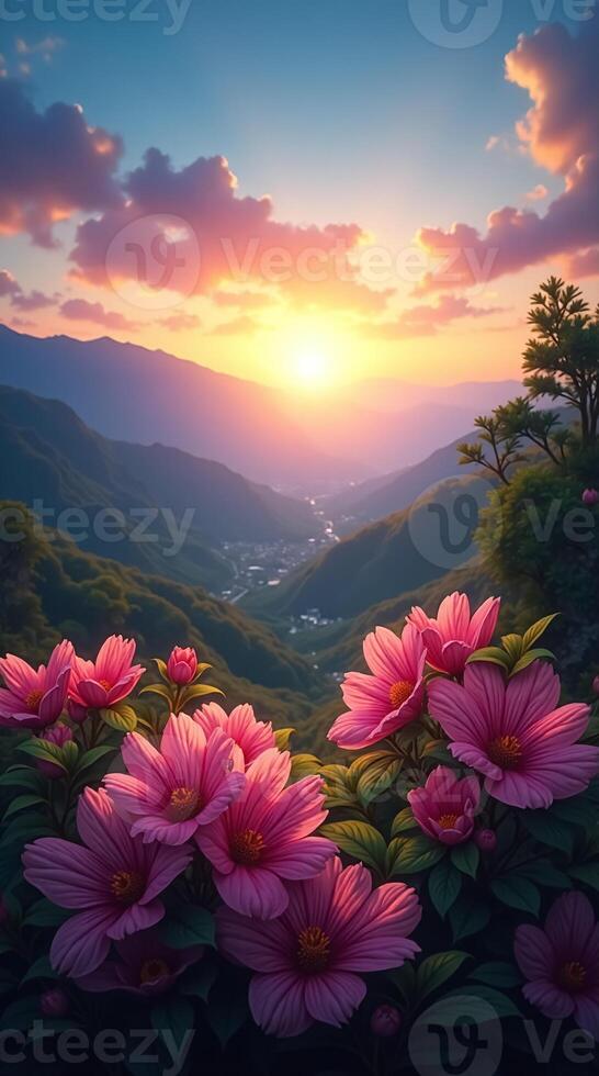 Stunning Nature Phone Wallpaper Featuring Vibrant Flowers and a Sunset Horizon photo