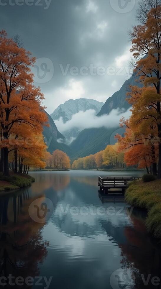 Beautiful Nature-Inspired Phone Wallpaper of Autumn Trees and Calm Mountain Lake photo