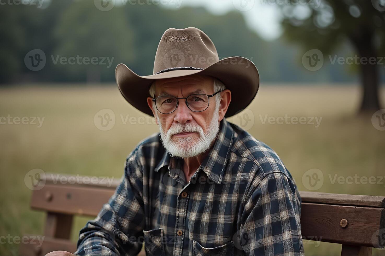 Portrait of a Wise Farmer Relaxing on a Bench in the Open Fields photo