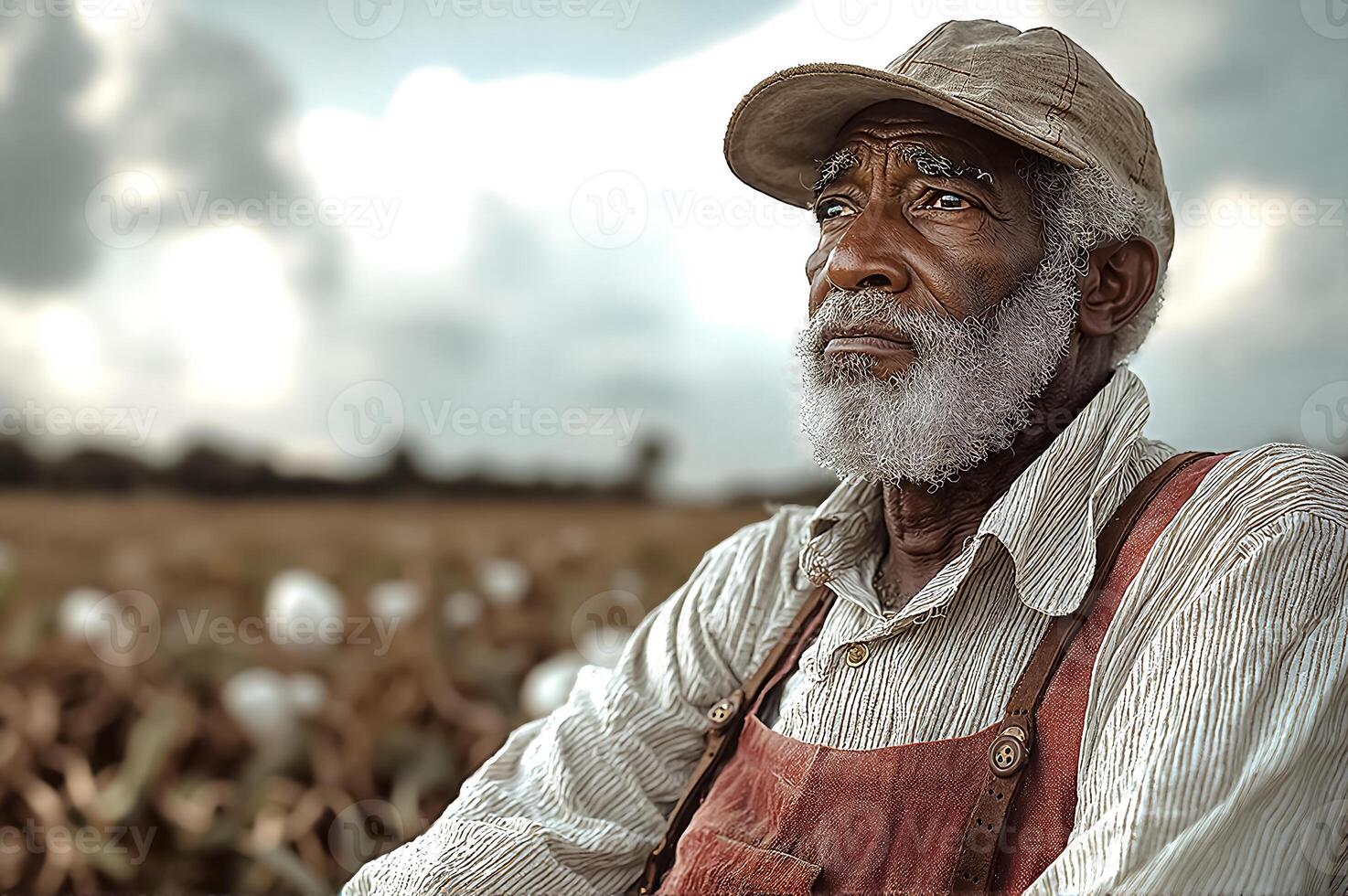 Reflective Elderly Farmer in a Cotton Field Representing Labor and Heritage photo