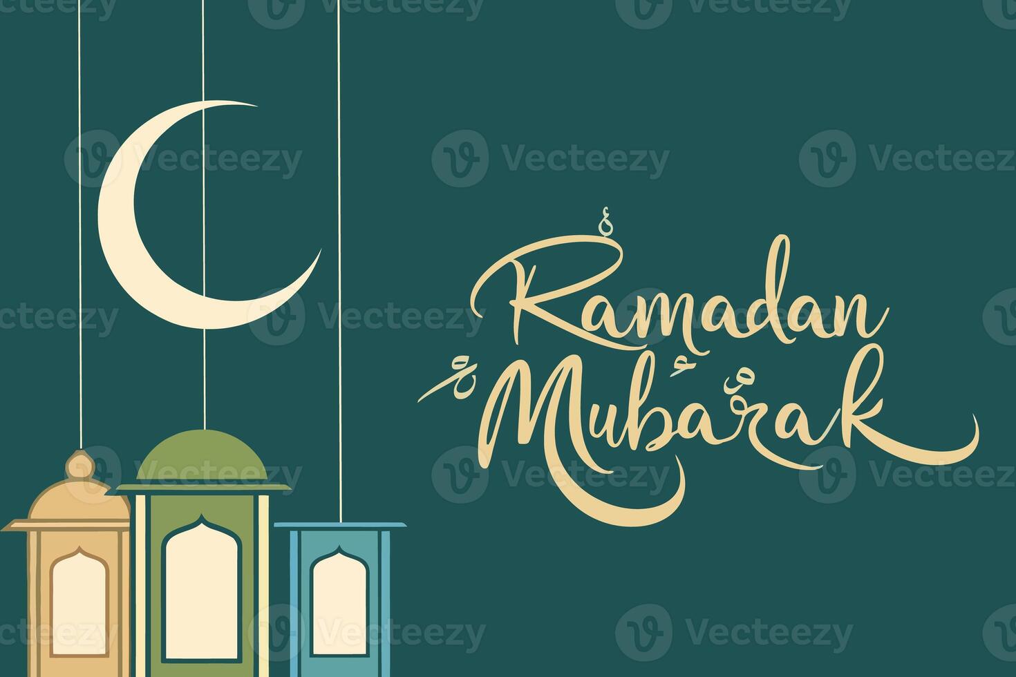 Ramadan Mubarak Greeting Card with Lanterns, Crescent Moon Warm Colors photo