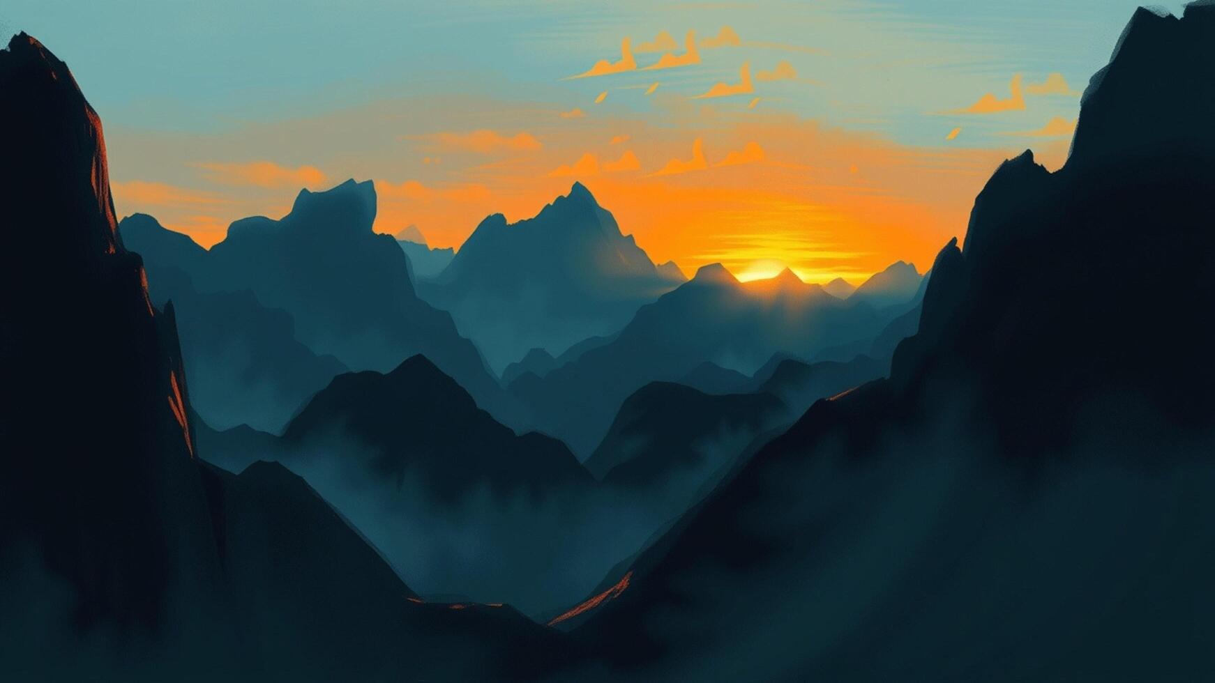 A painting of a mountain range with the sun setting photo