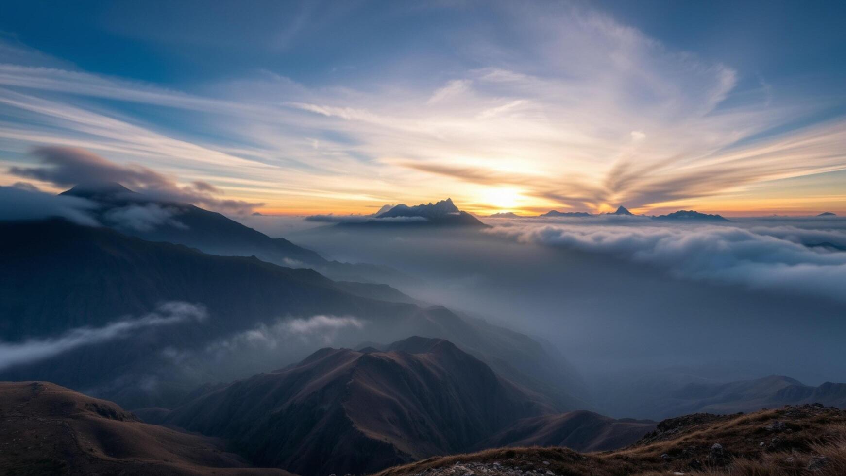 A beautiful sunrise over the mountains with clouds in the sky photo