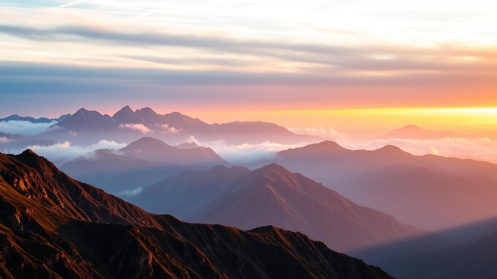 Mountains at sunset with clouds and fog photo