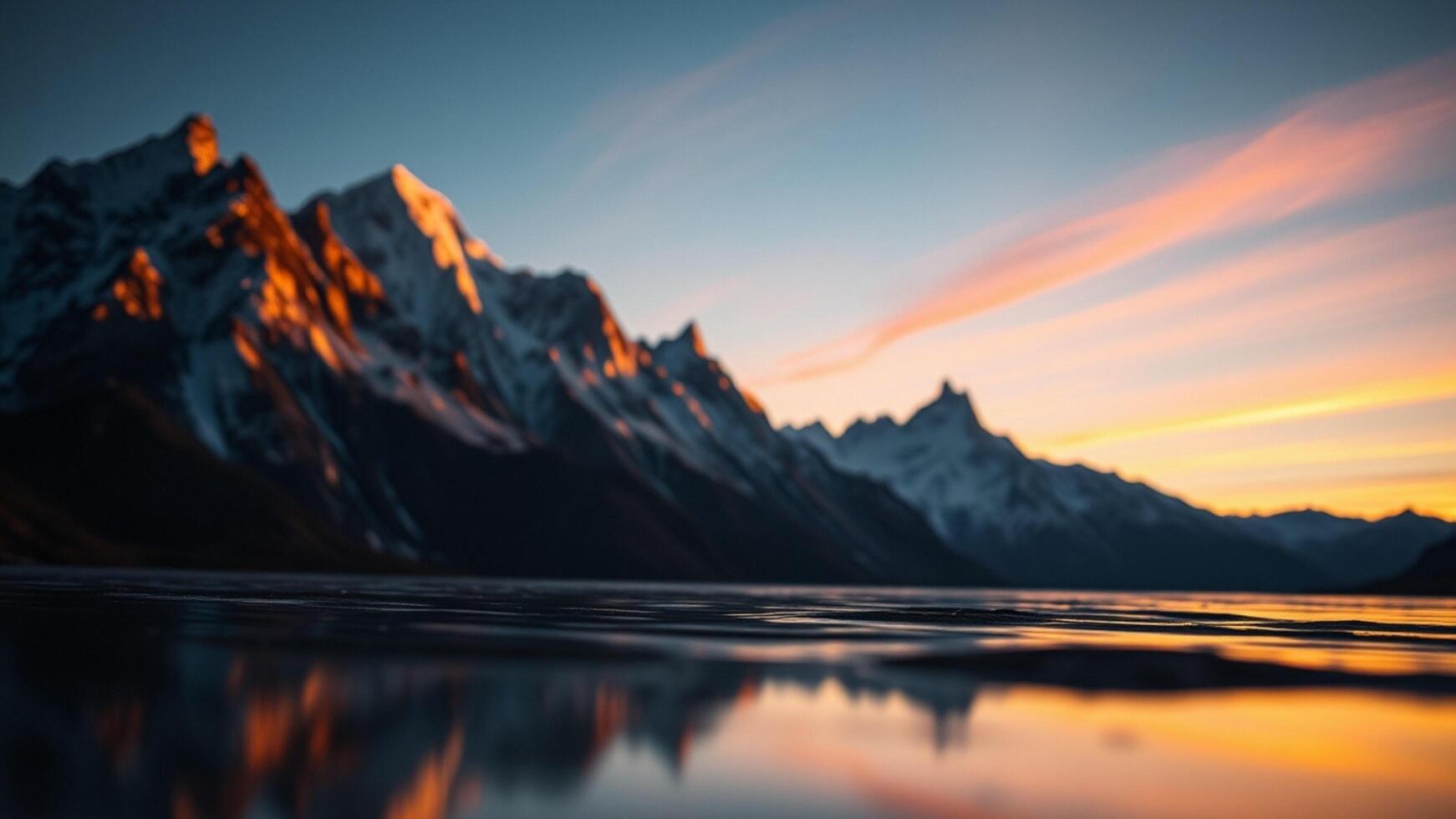 A mountain range is reflected in the water at sunset photo