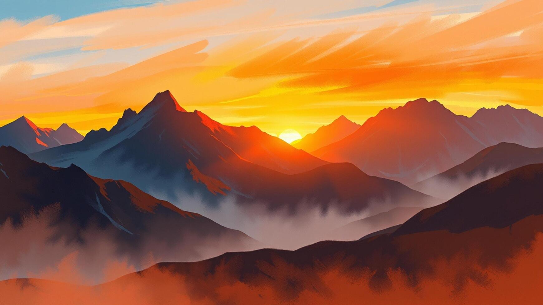 A painting of a mountain range with the sun setting photo