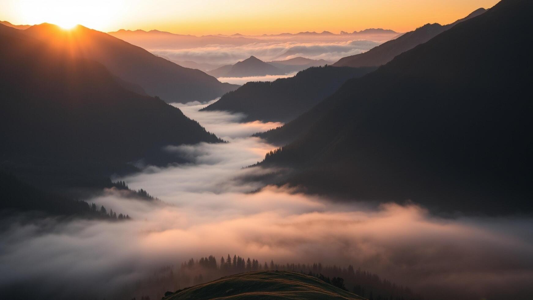 A sunrise over the mountains with fog and trees photo