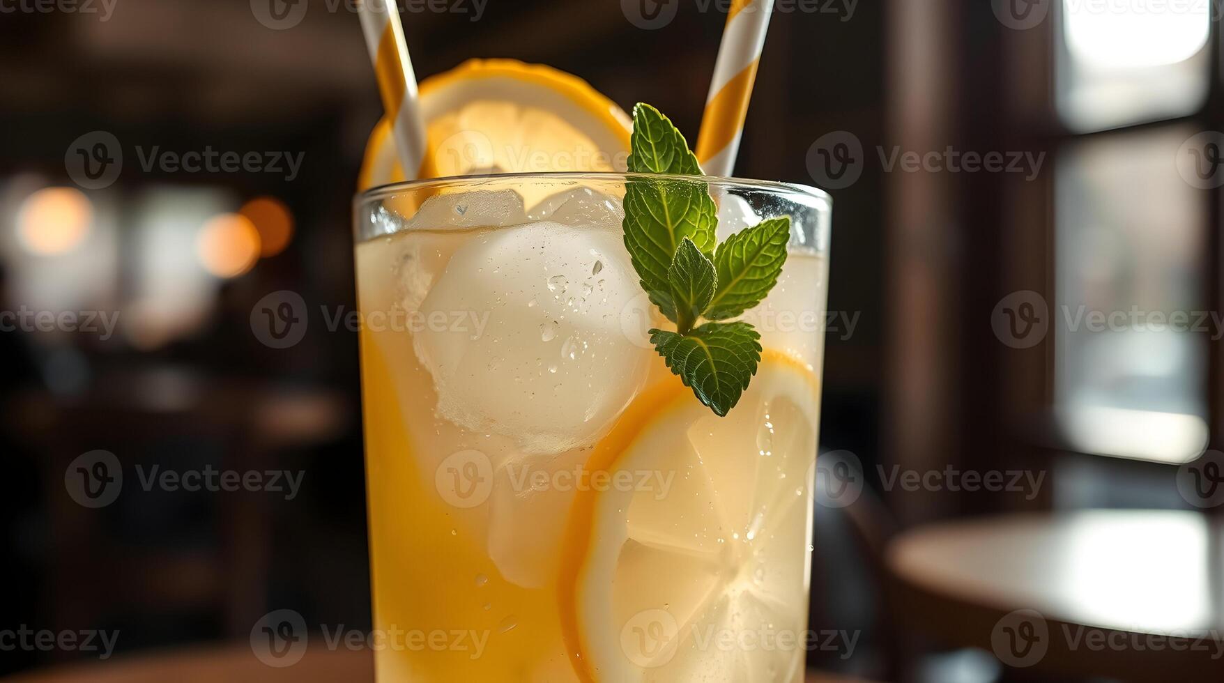 A glass of lemonade with ice and a mint leaf photo