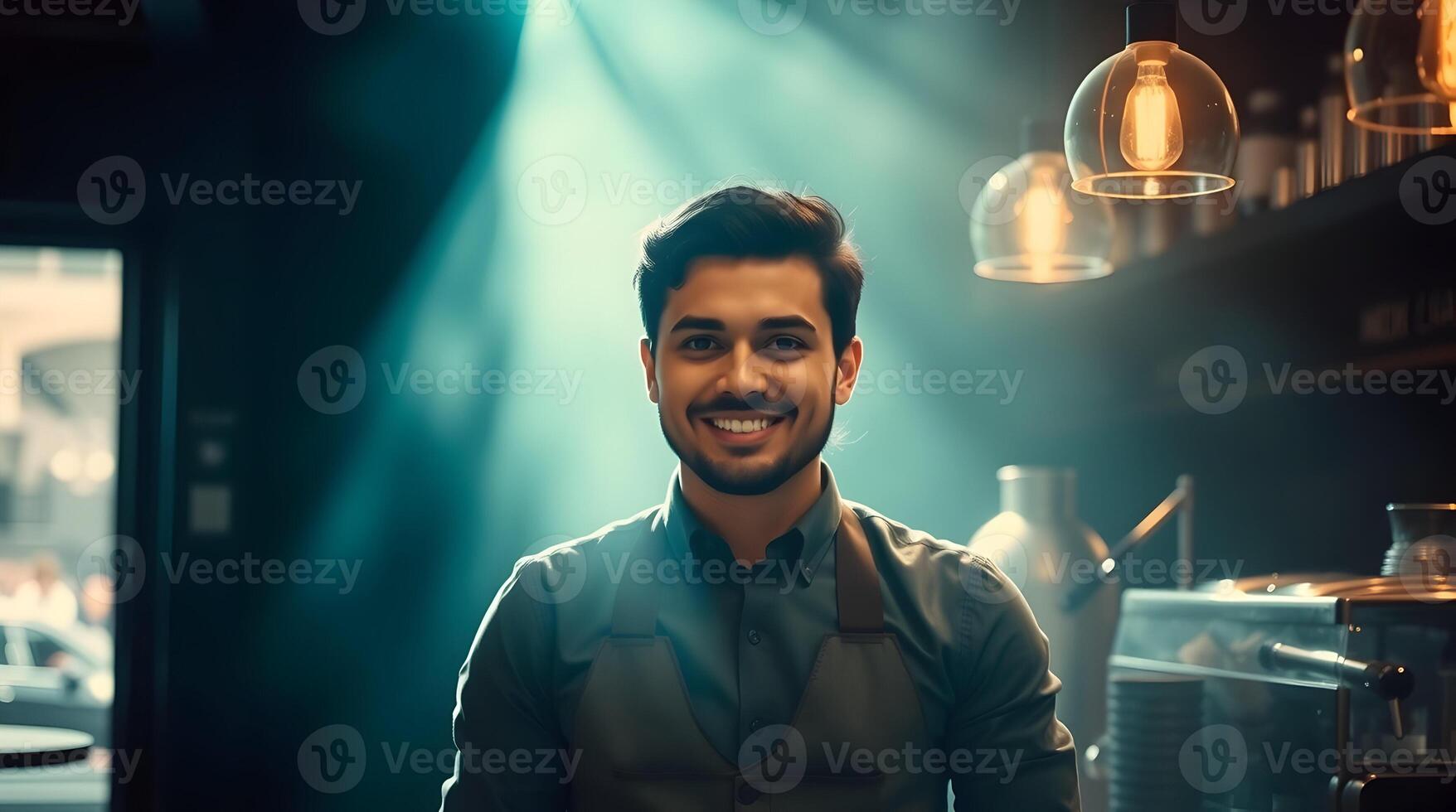 A man is standing in front of a bar with a smile photo