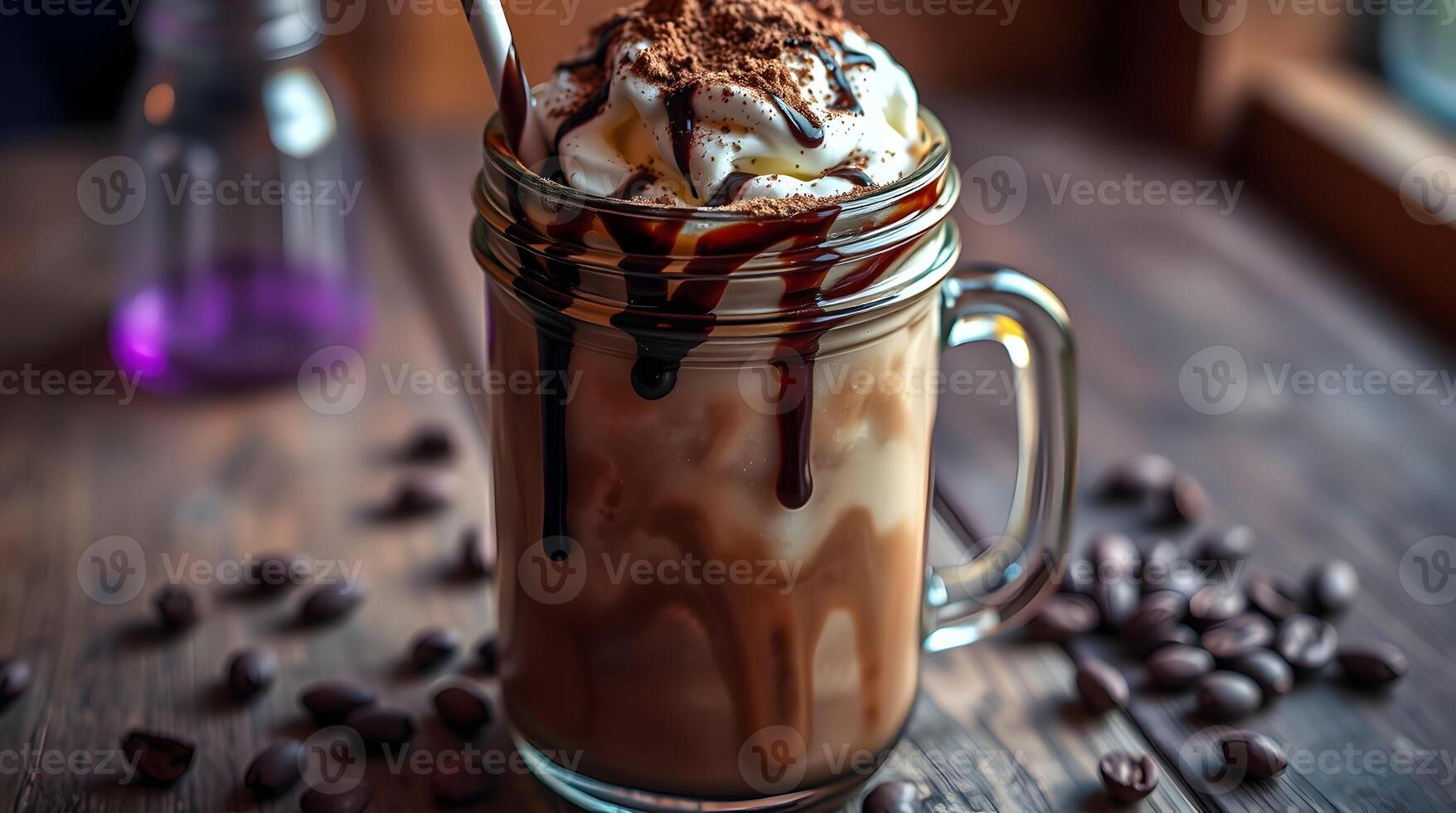A mason jar filled with chocolate and whipped cream photo