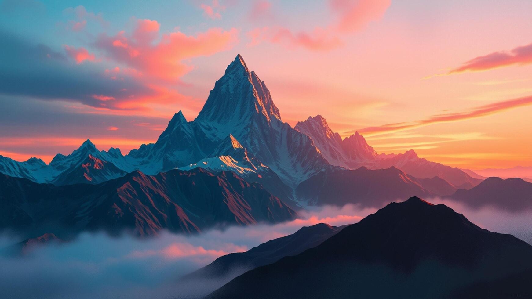 A mountain range with clouds and a sunset photo