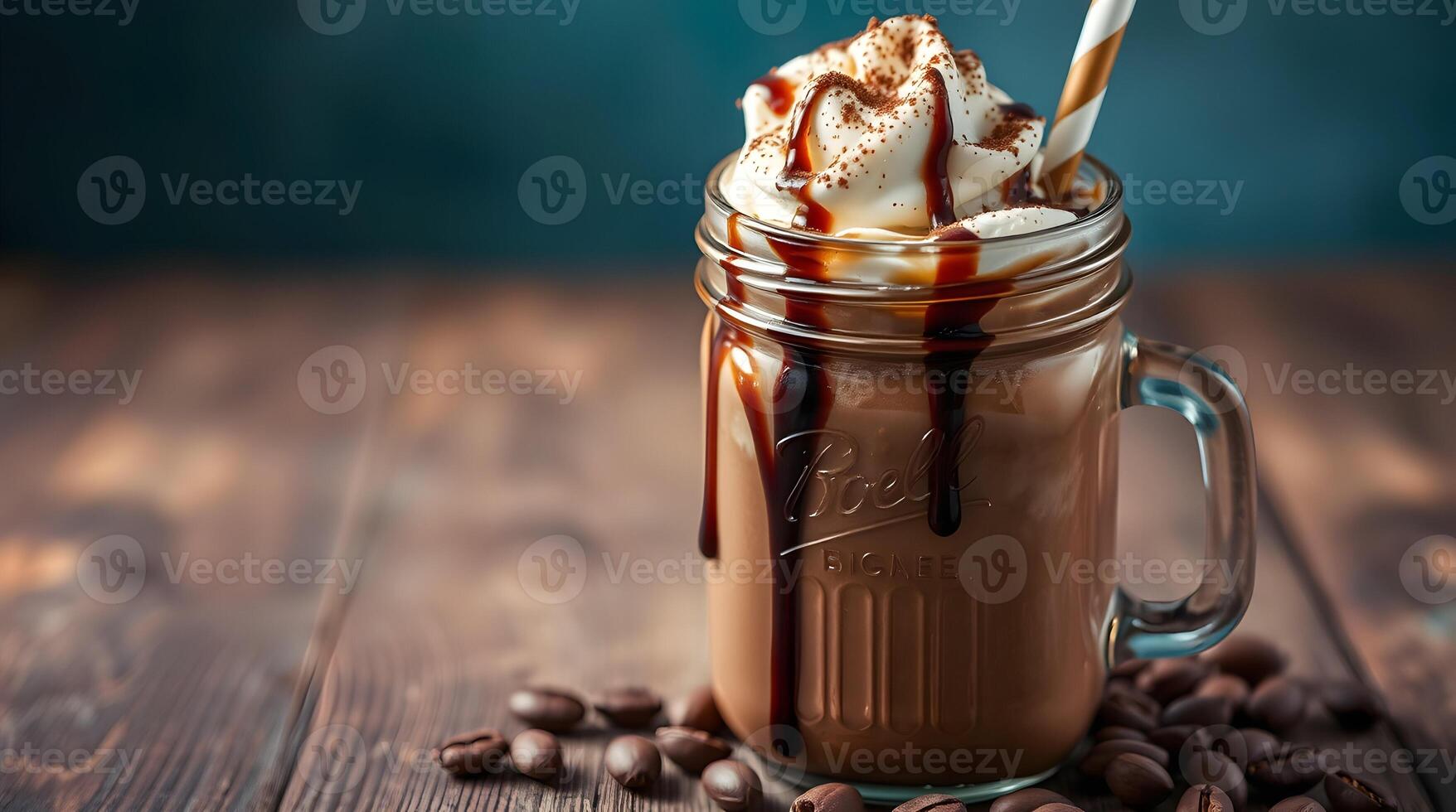Chocolate milkshake with whipped cream and caramel drizzle on a wooden table photo