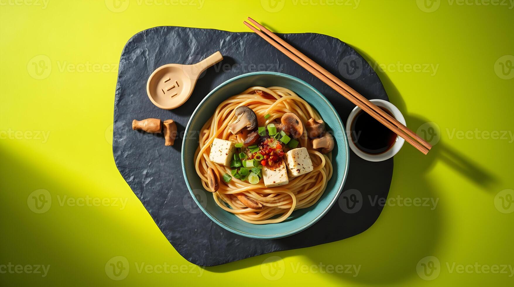 Chinese noodles with mushrooms and tofu in a bowl on a green background photo