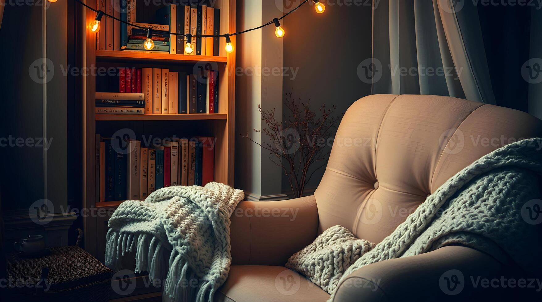 A cozy chair with a blanket and a book shelf photo