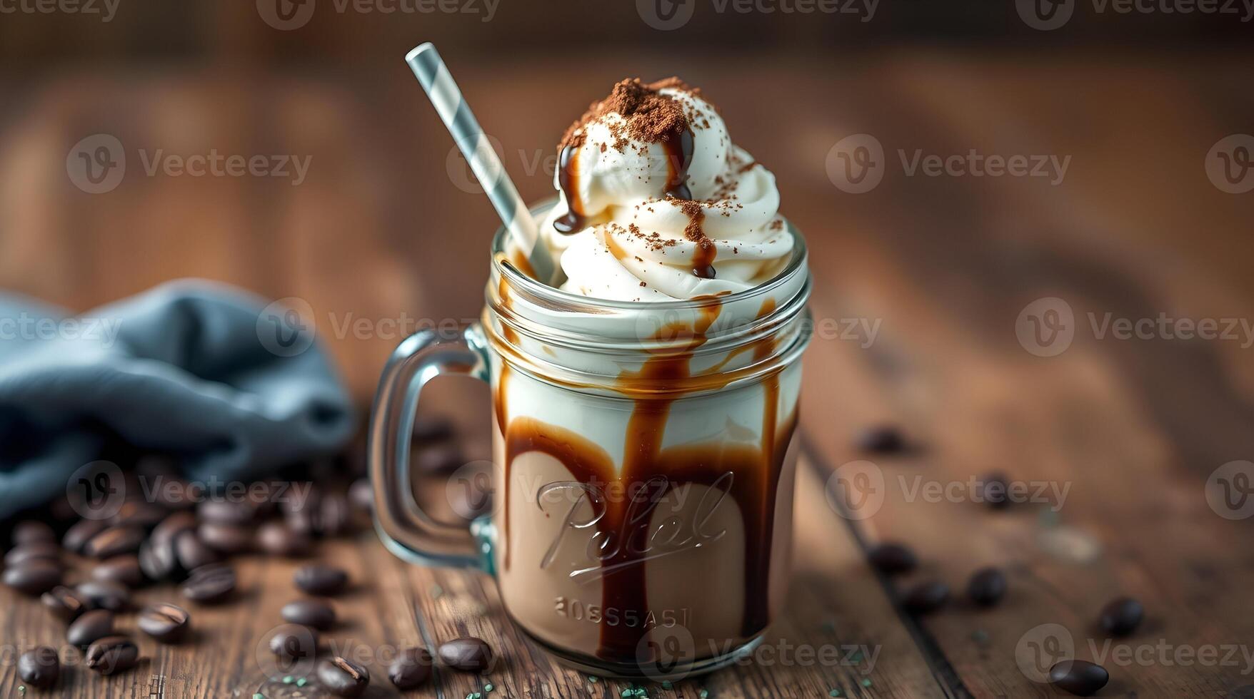 A mason jar with whipped cream and chocolate on top photo