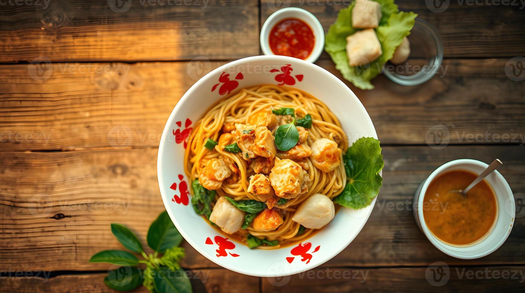 A bowl of noodles with shrimp and vegetables photo