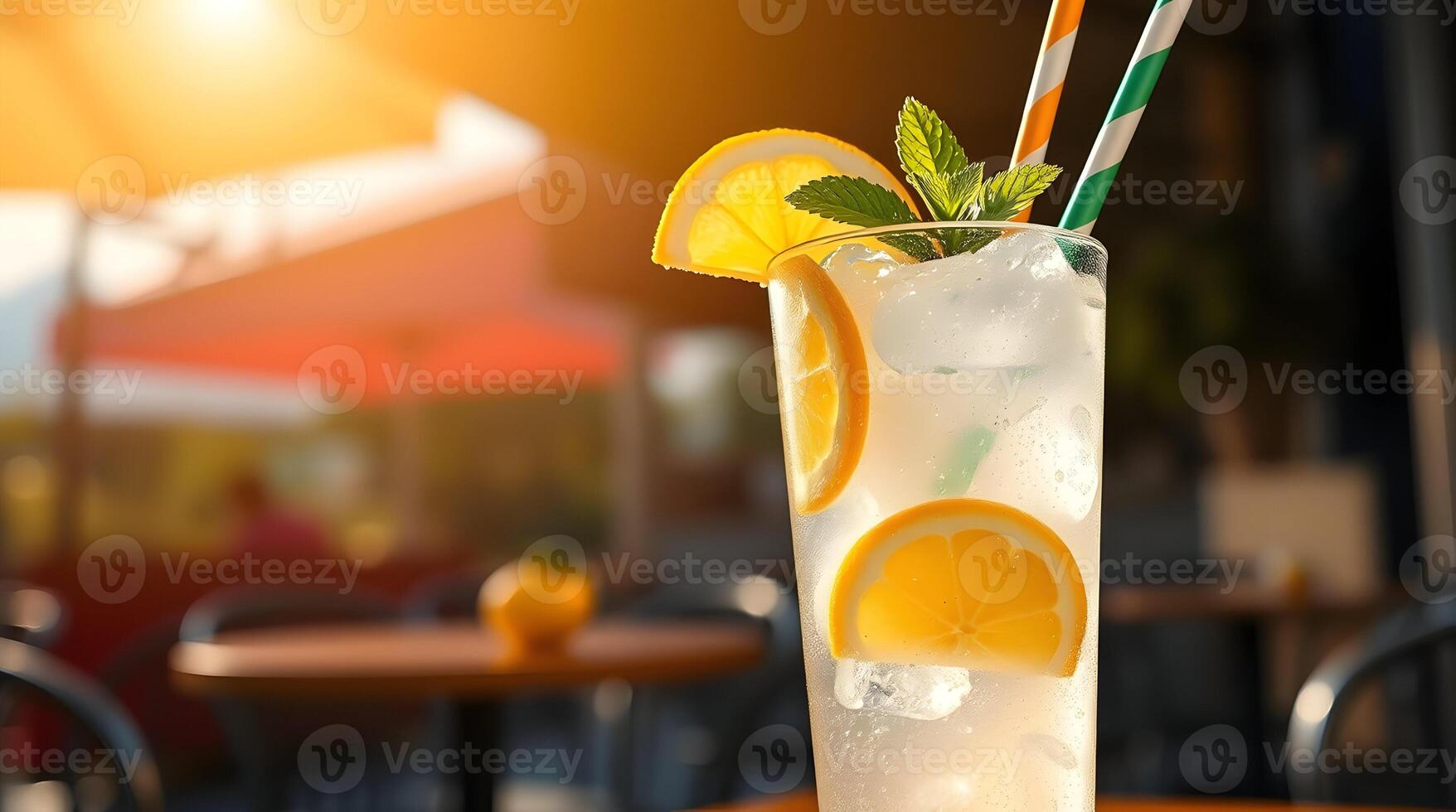 A drink with lemon slices and mint leaves on the table photo
